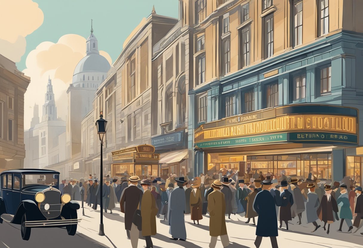 A bustling London street in the 1920s, with a vintage movie theater showcasing educational animations on a large marquee