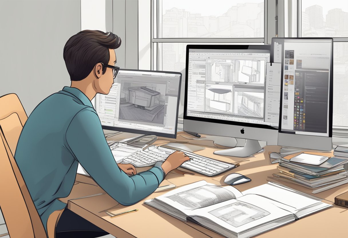 A person at a desk using a computer with animation software open, surrounded by drawing tablet, stylus, and reference books