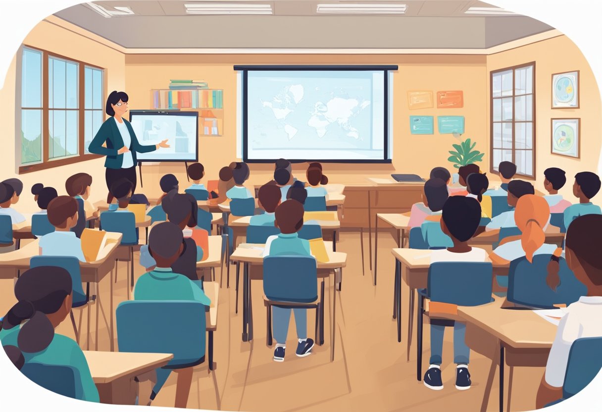 A classroom setting with students watching an animated educational video on a screen, while a teacher discusses funding and resources for animation in education
