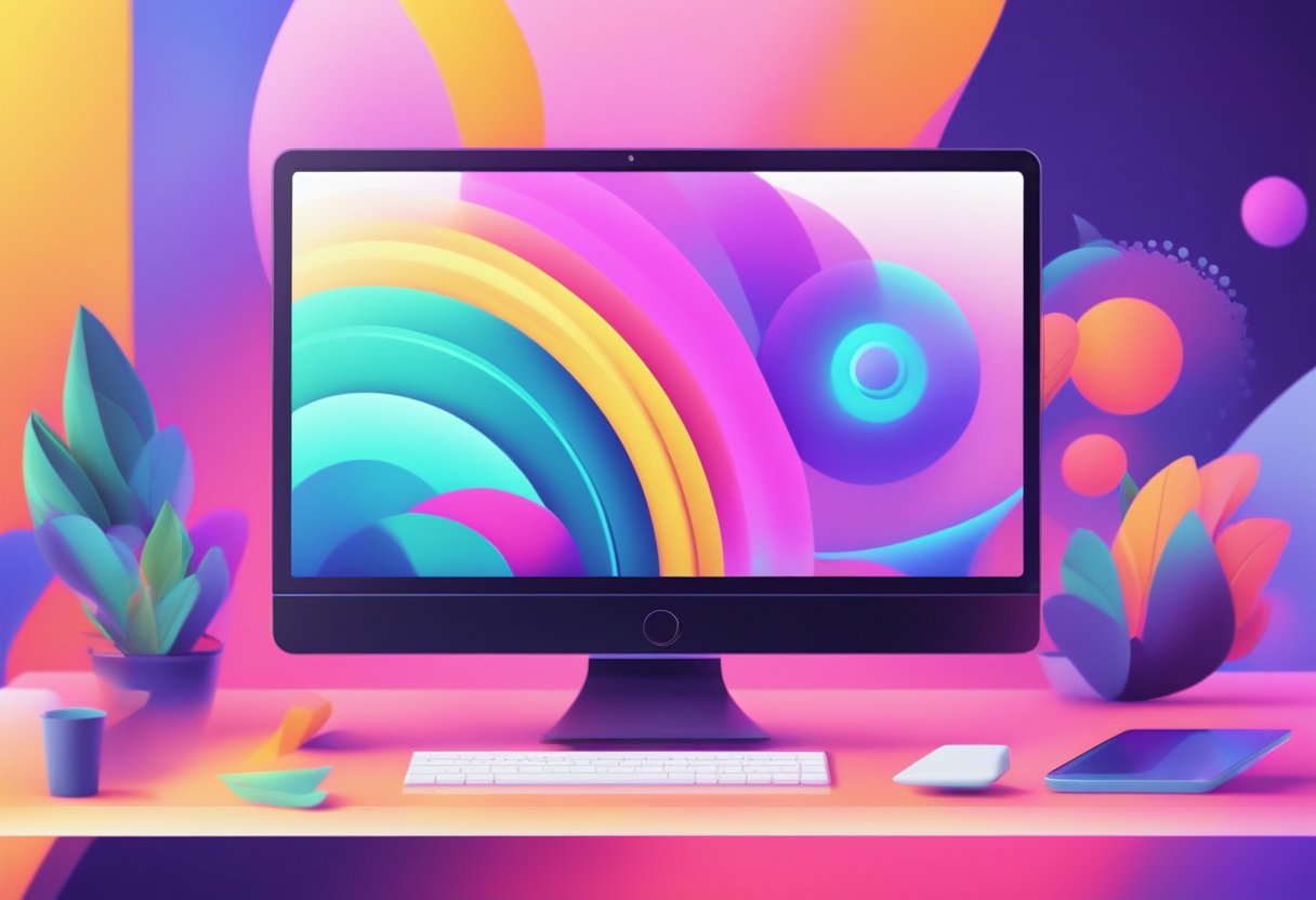 A computer screen displaying a vibrant and dynamic animation design, with various elements smoothly transitioning and moving across the screen