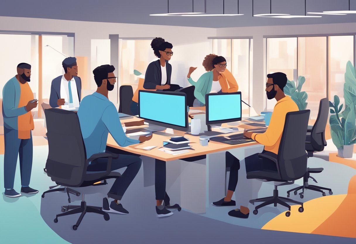 A group of diverse professionals brainstorming and collaborating in a modern office setting, surrounded by animation equipment and creative materials