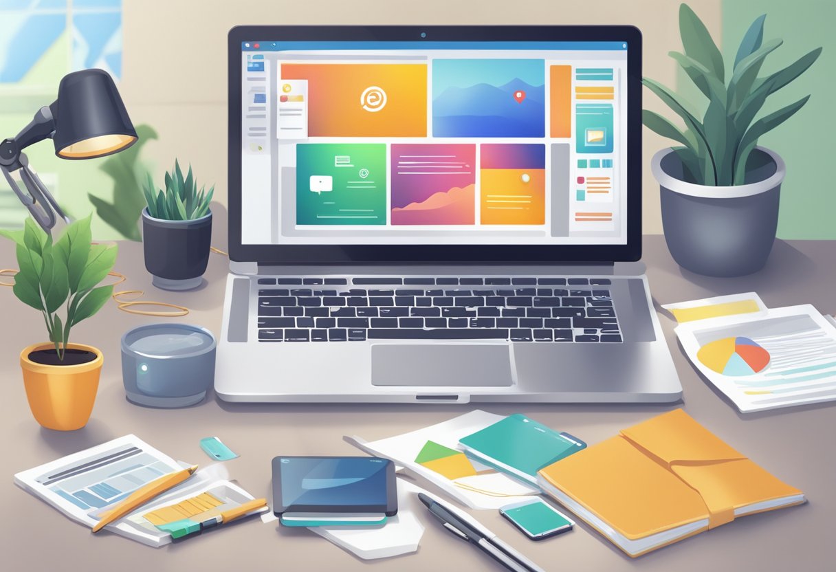 A laptop displaying a custom animated video promoting digital marketing services, surrounded by various digital devices and marketing materials