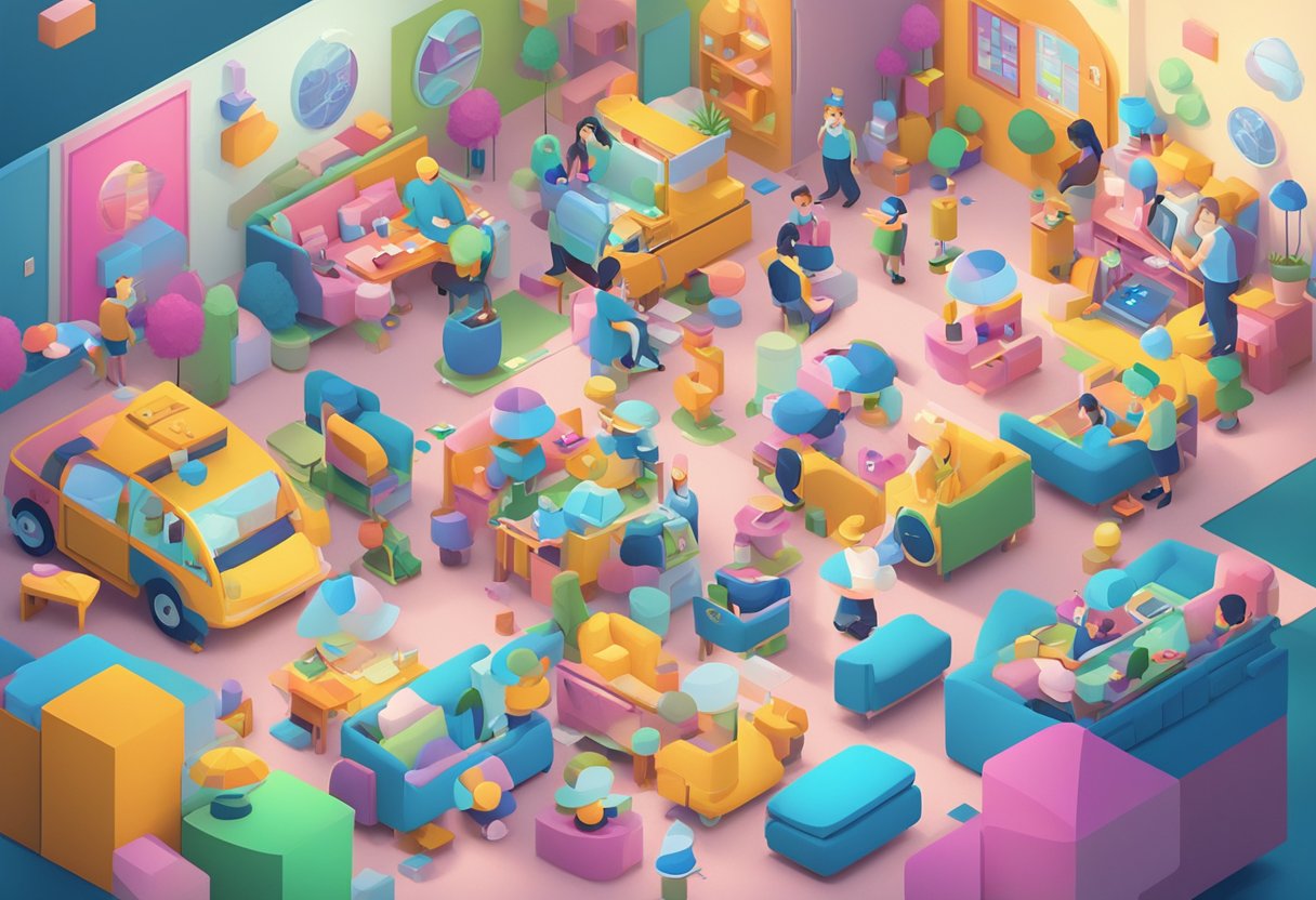 A colorful palette of animated characters and objects interacting in a dynamic and engaging manner, showcasing the impact of illustration in custom animations