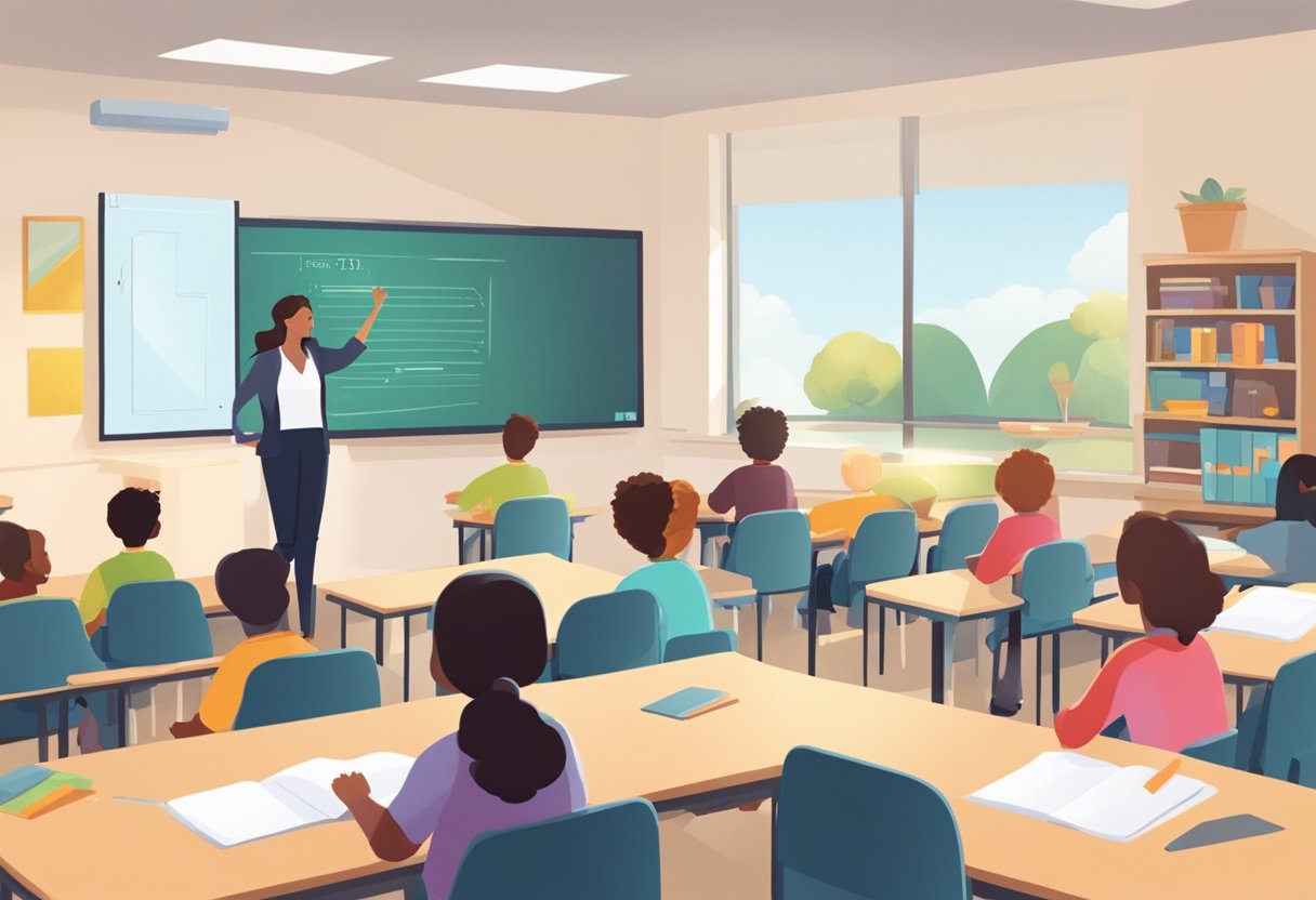 A classroom setting with a teacher presenting tailored educational content on a screen, while students engage with the material