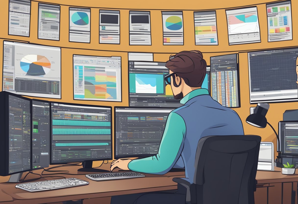 A film editor working on a computer, surrounded by editing software and equipment, with a video timeline displayed on the screen
