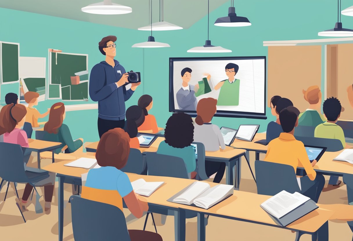 A camera recording a group of students engaged with educational videos in a Bristol classroom