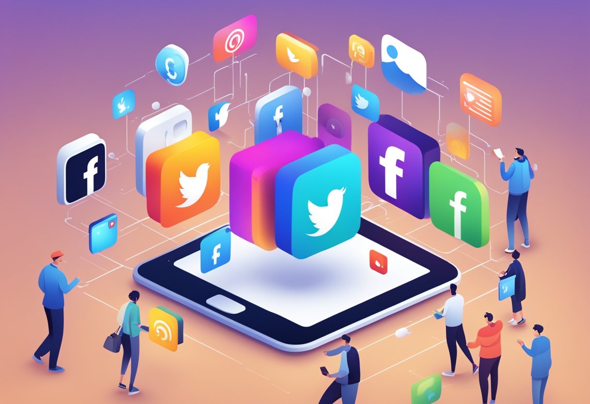 A group of animated characters interacting with various social media platforms, such as Instagram, Twitter, and Facebook, with the company logo in the background