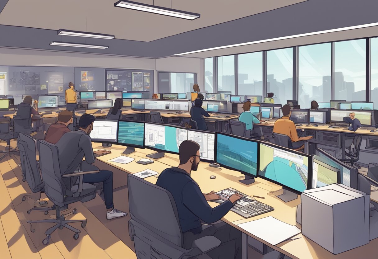 A bustling animation studio in Leeds, with teams collaborating on storyboards and digital designs for successful projects