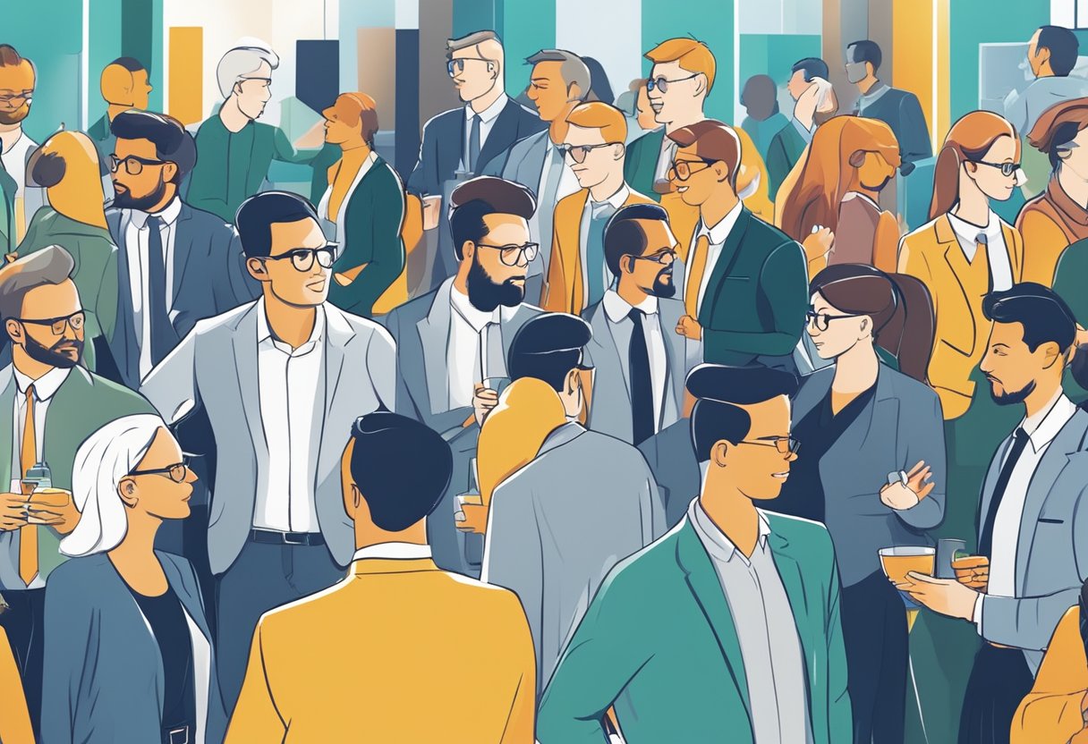 An animated scene of professionals networking at an event in Leeds, with company logos and visuals representing animation industry