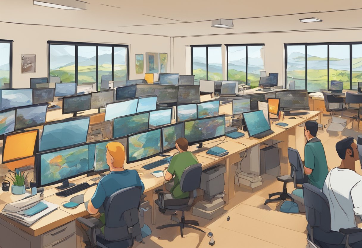 An animation studio in Scotland, bustling with creative activity and collaboration among artists and animators