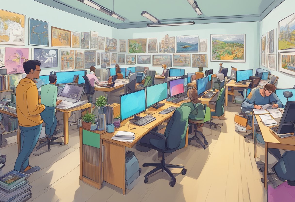 An animated film studio in Leeds, bustling with creative energy. Artists sketching, animators at their desks, and a storyboard wall filled with colorful concepts