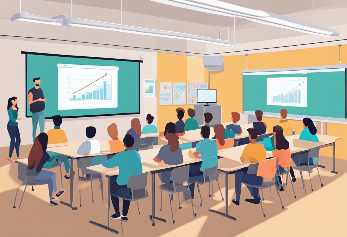 A classroom setting with a whiteboard, projector, and students engaged in learning, with animated training videos displayed on the screen