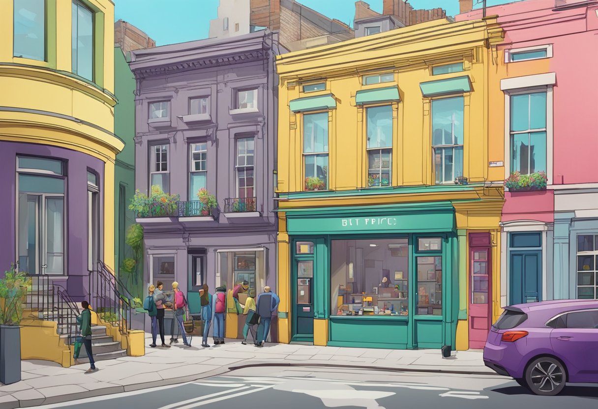 A bustling animation studio in Liverpool, with colorful buildings, art supplies, and animators at work
