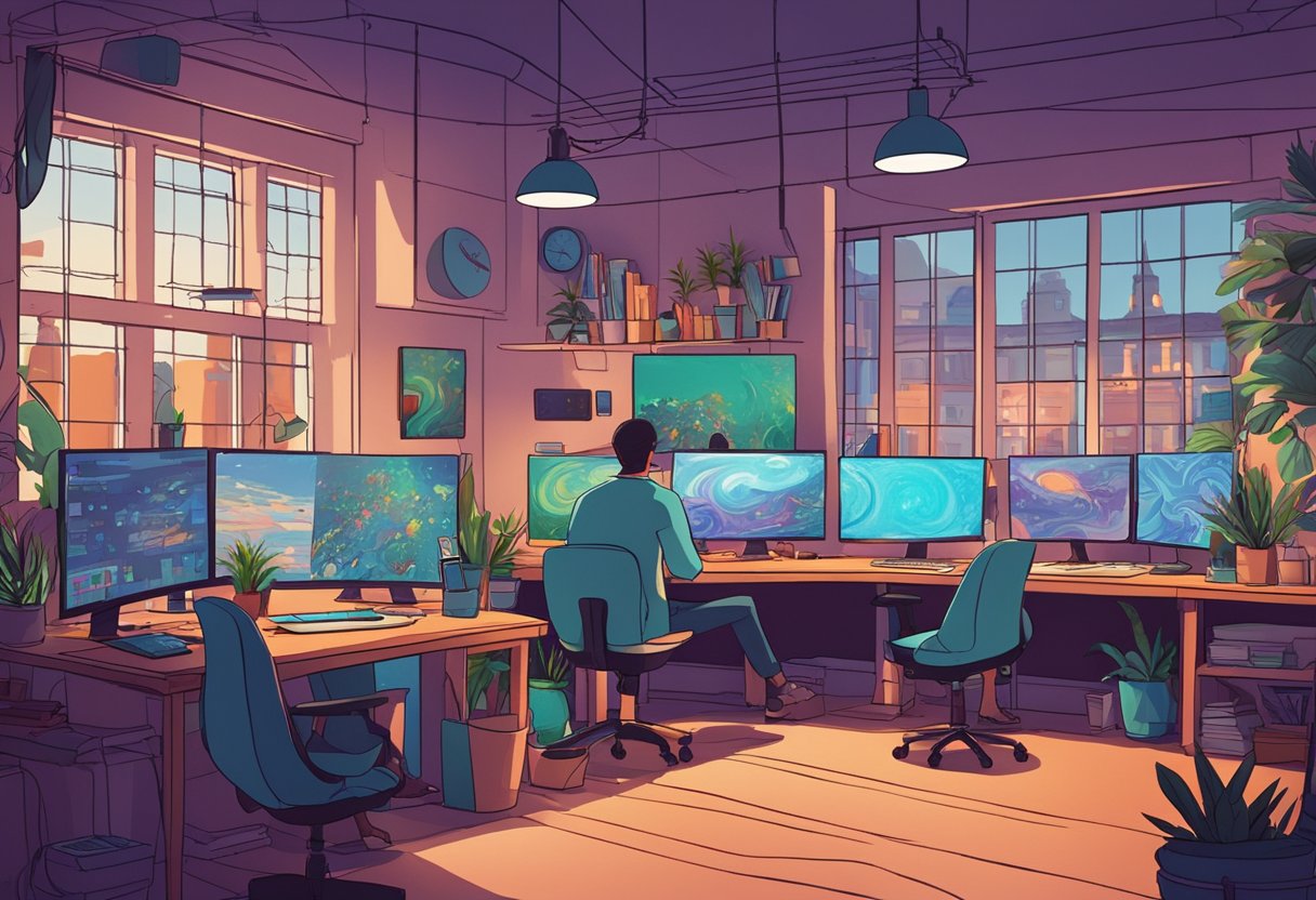 A bustling animation studio in Liverpool, filled with creative energy and buzzing with activity. Computer screens glow with colorful designs as artists work diligently on their latest projects