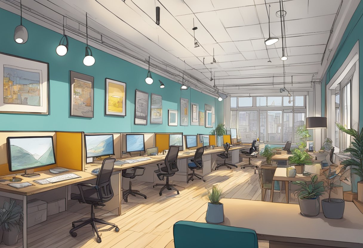 An animation studio in Liverpool, bustling with creative energy and filled with colorful sketches and storyboards