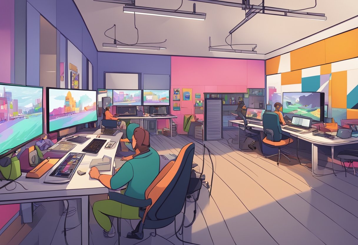 A colorful animation studio in Liverpool, with music videos playing on large screens and animators working on digital tablets