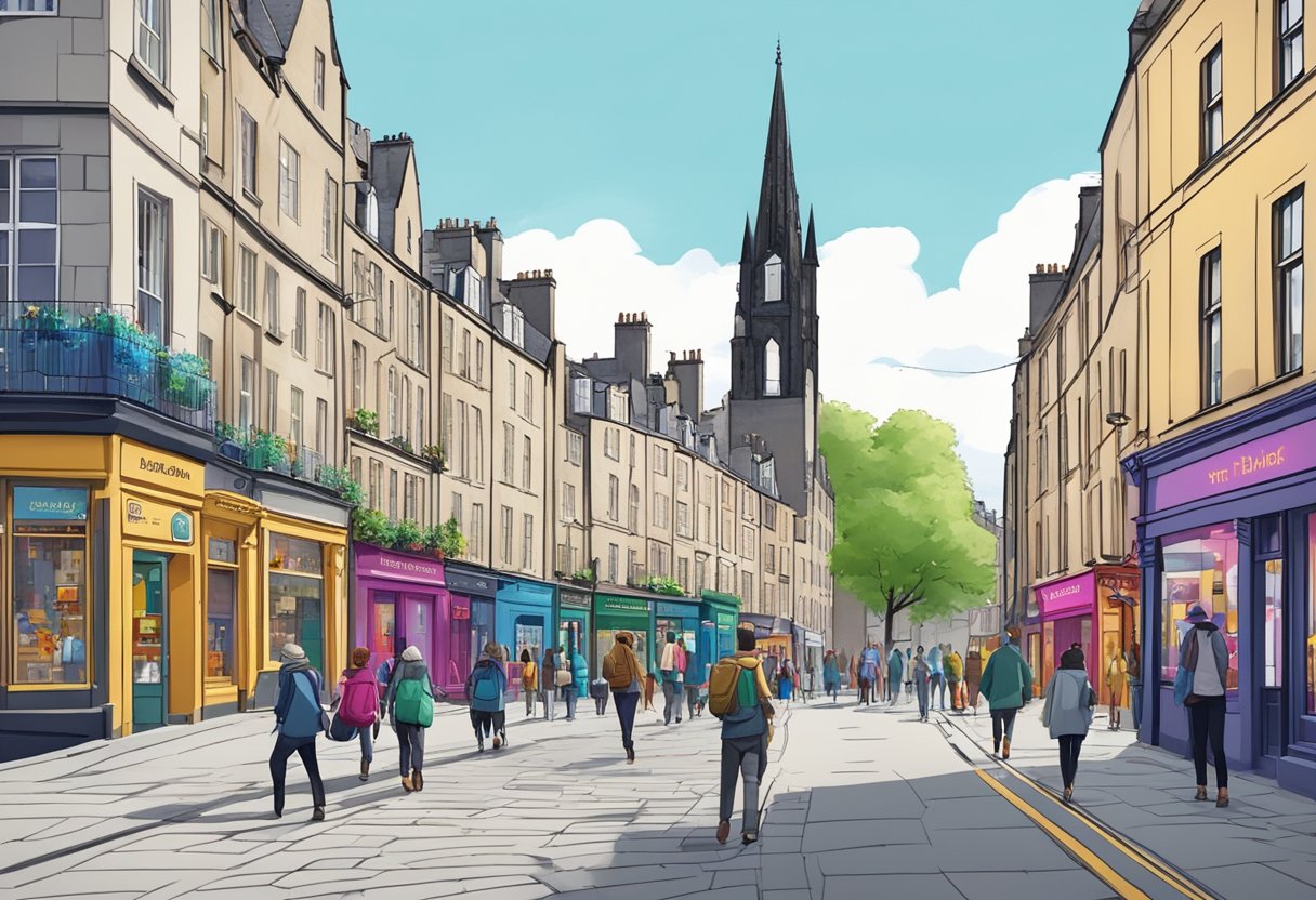 A bustling city street in Edinburgh, with animated signs and colorful storefronts, showcasing the vibrant animation services available in the city