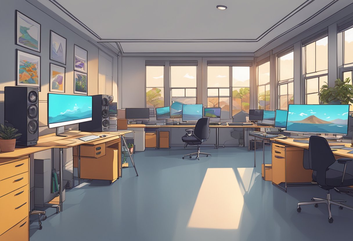 A modern animation studio in Liverpool, filled with state-of-the-art equipment and creative workspaces. Brightly lit with large windows and colorful artwork on the walls