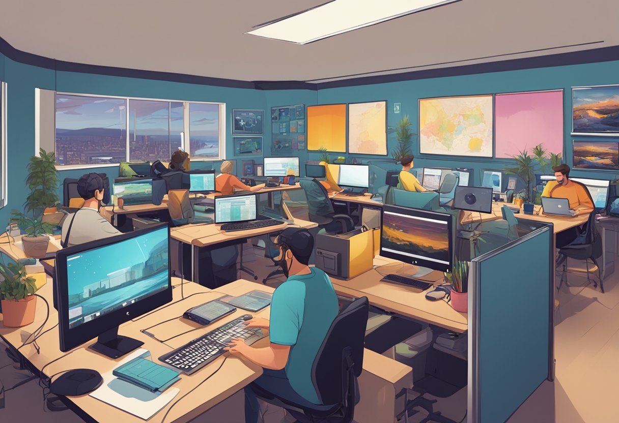 A bustling video production studio in Edinburgh, with animators at work on computers, surrounded by storyboards and colorful concept art