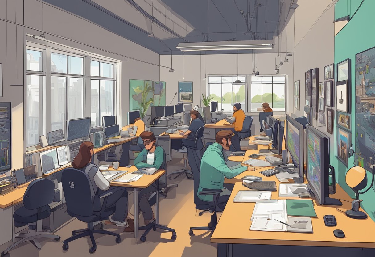 An animation studio in Liverpool, bustling with creativity and innovation, with artists and animators working on various projects