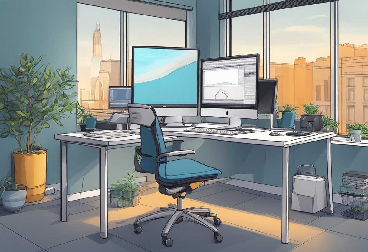 A computer workstation with editing software and animation tools in a modern office setting in Edinburgh