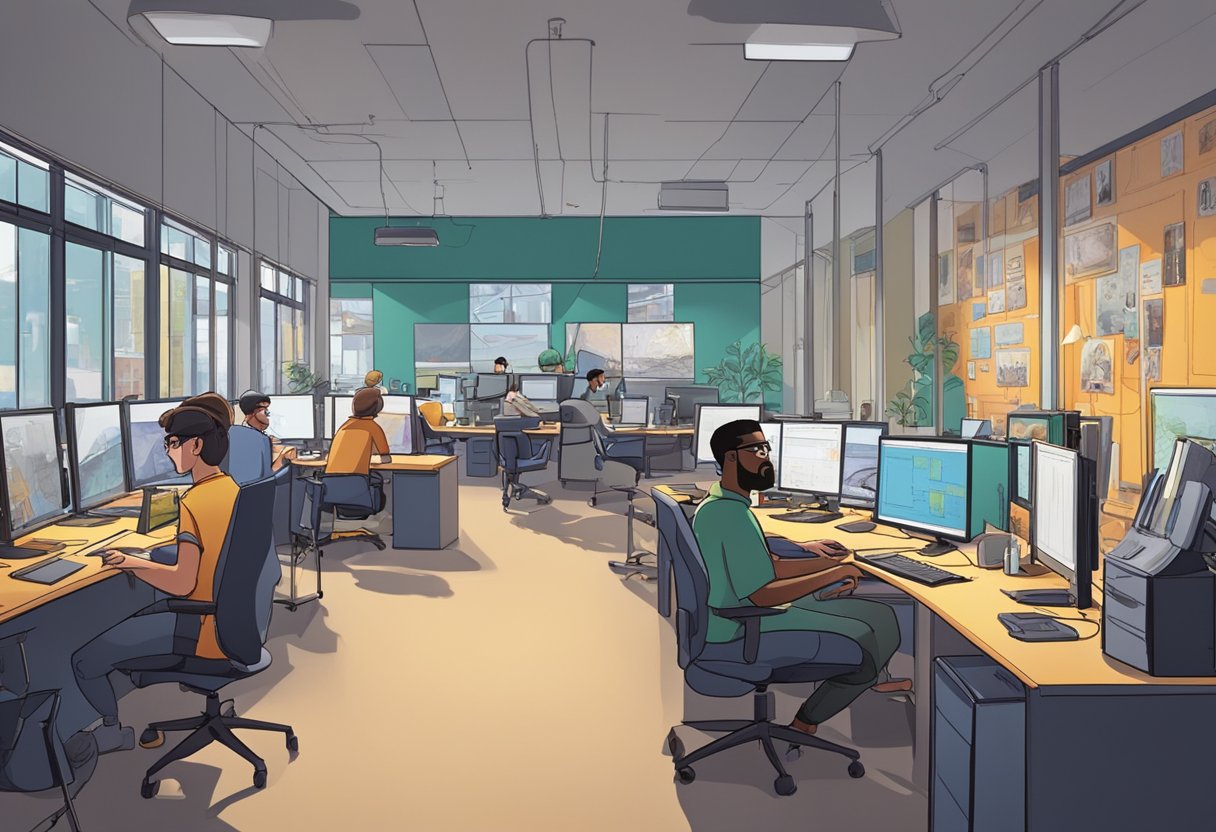 A bustling animation studio in Liverpool, filled with cutting-edge technology and creative energy. Brightly colored storyboards line the walls, and artists work diligently at their desks, bringing characters and worlds to life on their screens