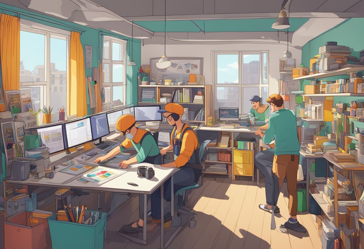 A bustling animation studio in Liverpool, with artists at work and shelves of colorful supplies