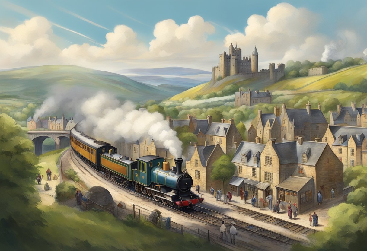A bustling 19th-century Scottish town, with steam trains and factories, surrounded by rolling hills and a castle on the horizon