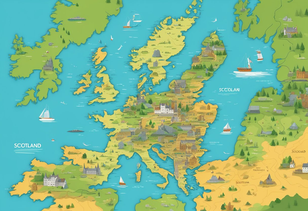 A vibrant, animated map of Scotland with interactive elements highlighting educational topics