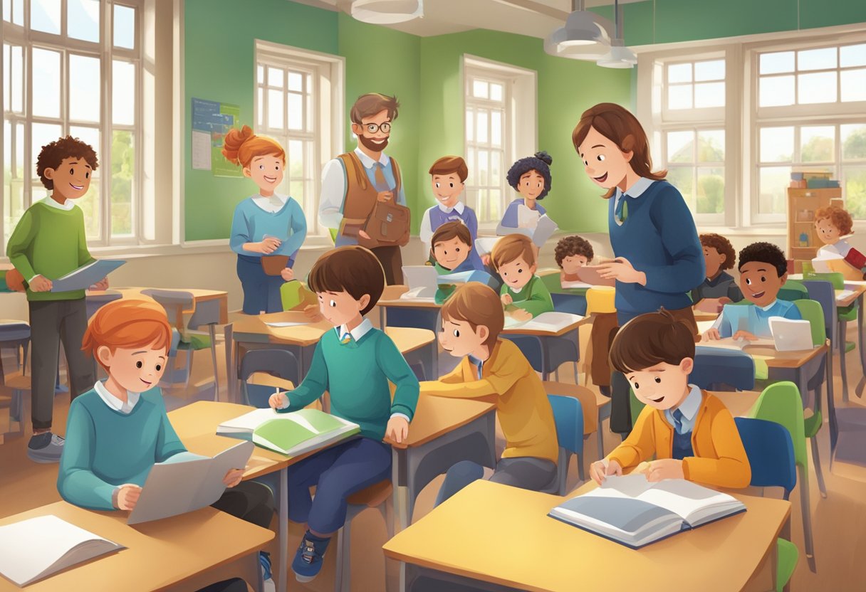 A group of animated characters engage in interactive learning activities within a Scottish educational setting