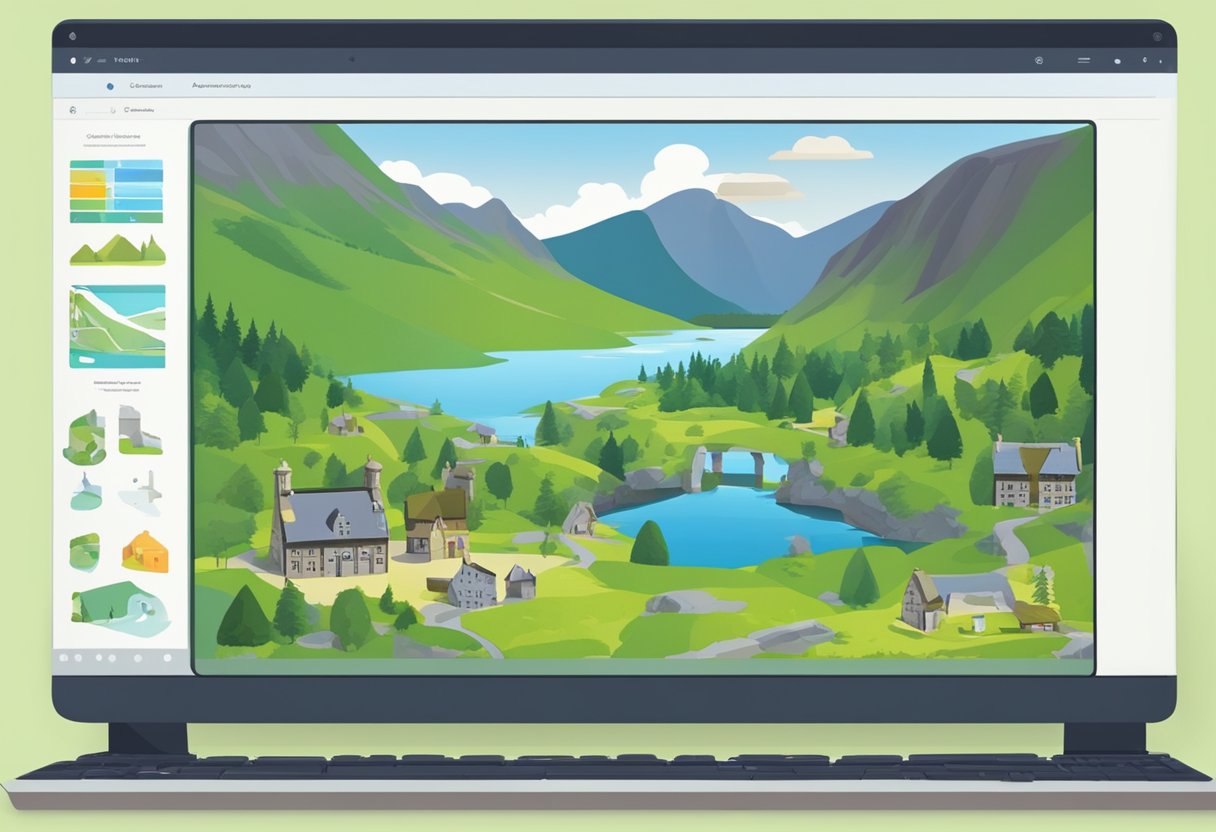 A computer screen displaying an interactive educational animation set in the scenic landscapes of Scotland, with various elements and characters representing technical concepts
