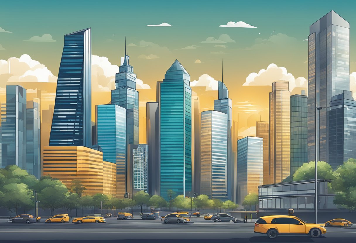 A bustling city skyline with modern office buildings and corporate logos displayed prominently