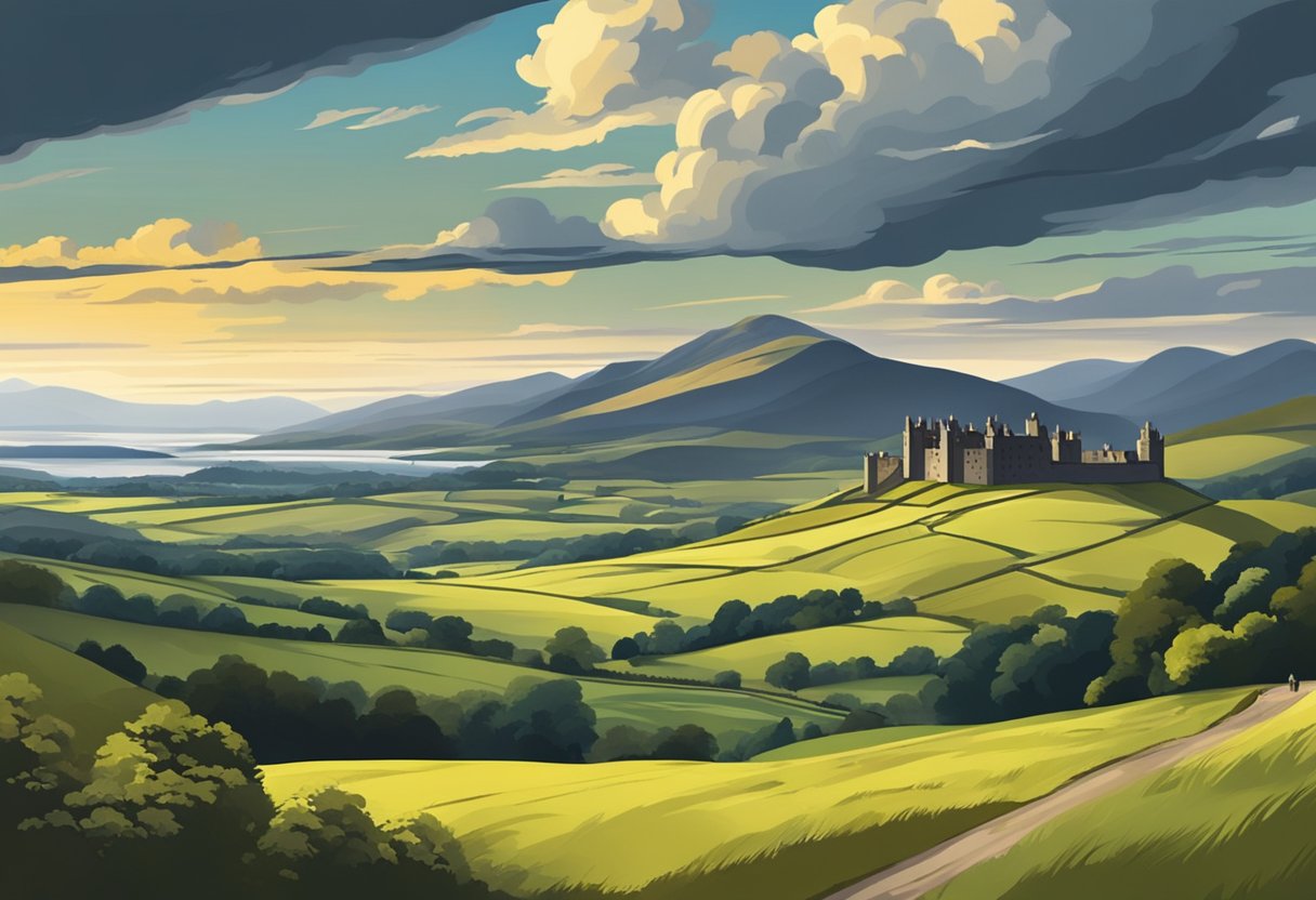 A picturesque Scottish landscape with a dramatic sky, rolling hills, and a castle in the distance