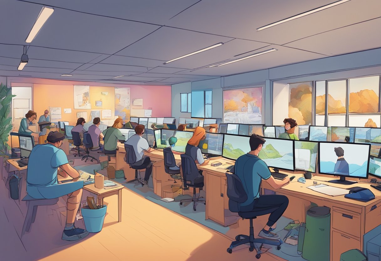 A bustling animation studio in Scotland, with artists at work on storyboards and computers rendering colorful characters and scenes