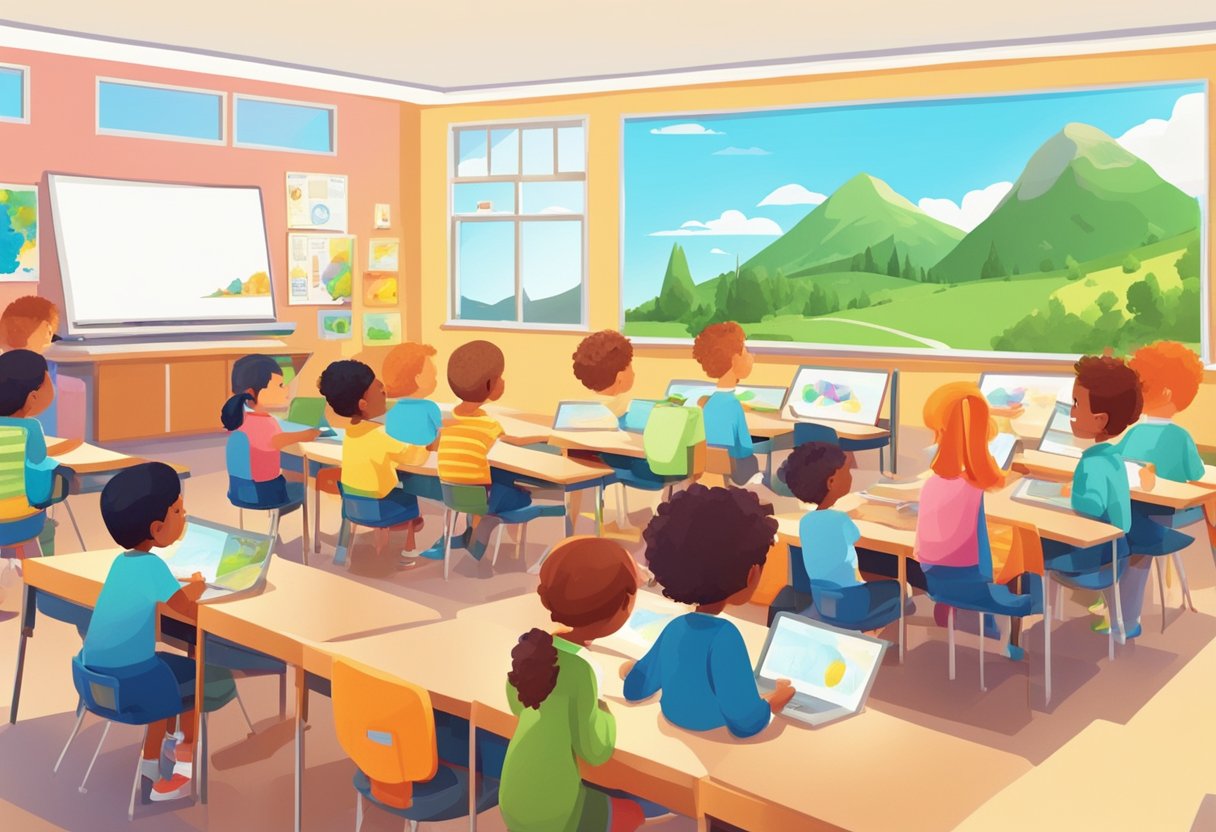 A group of children eagerly engage with interactive educational animations in a modern, brightly lit classroom in Scotland