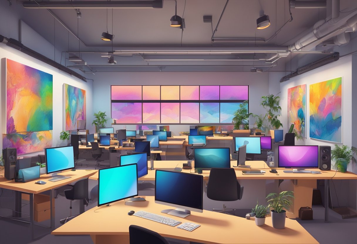 A modern digital animation studio in Dundee, filled with computers, drawing tablets, and creative workstations. Brightly lit with colorful artwork on the walls