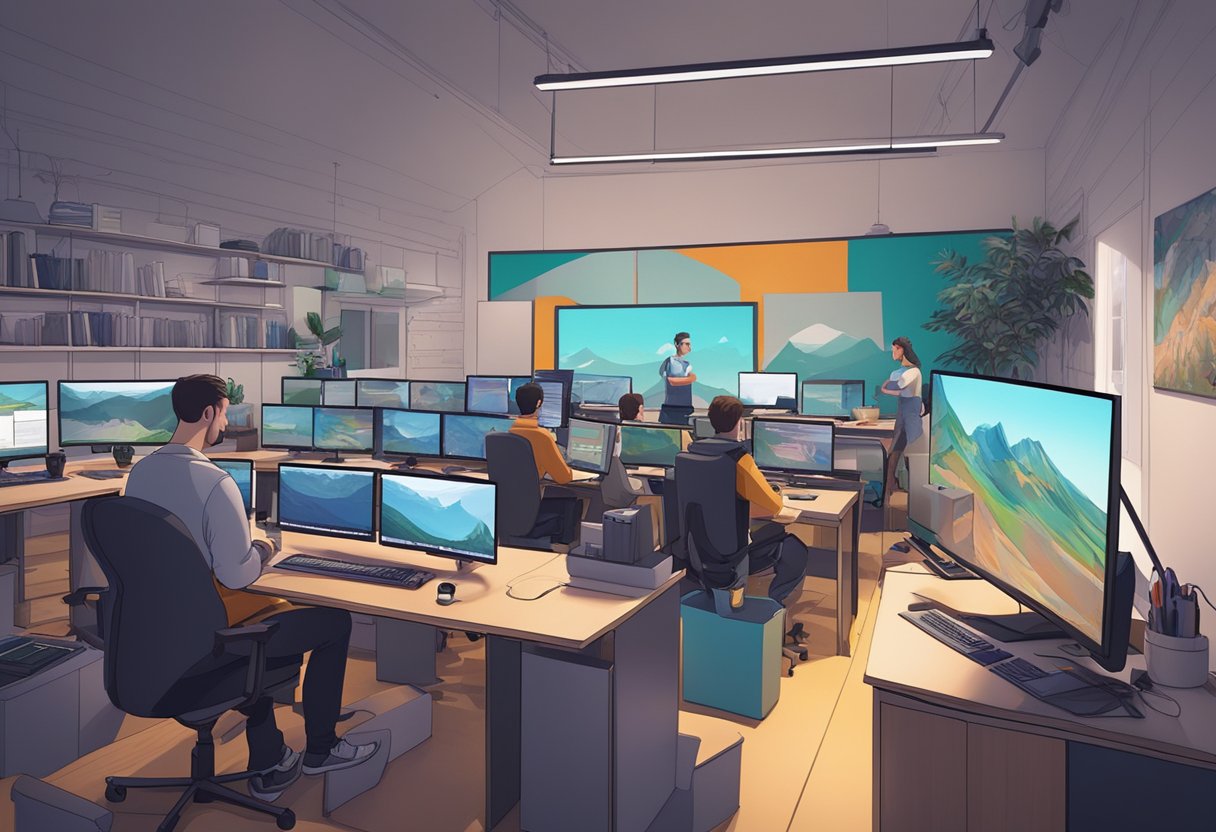 A digital animation studio in Dundee, filled with computer workstations and large screens, with animators and designers collaborating on a project
