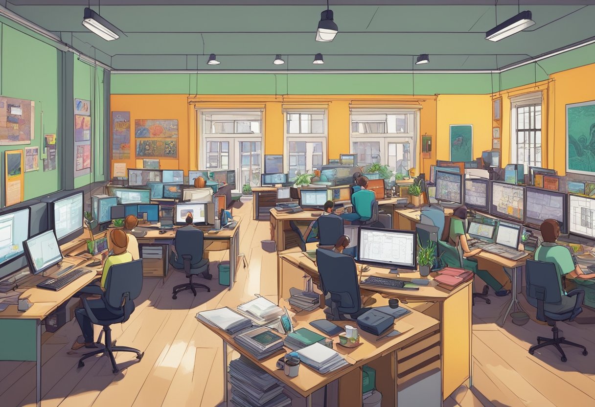 A bustling animation studio in Edinburgh, filled with artists at their desks, sketching, animating, and editing on their computers. Brightly colored storyboards line the walls, and the air is filled with creativity and collaboration
