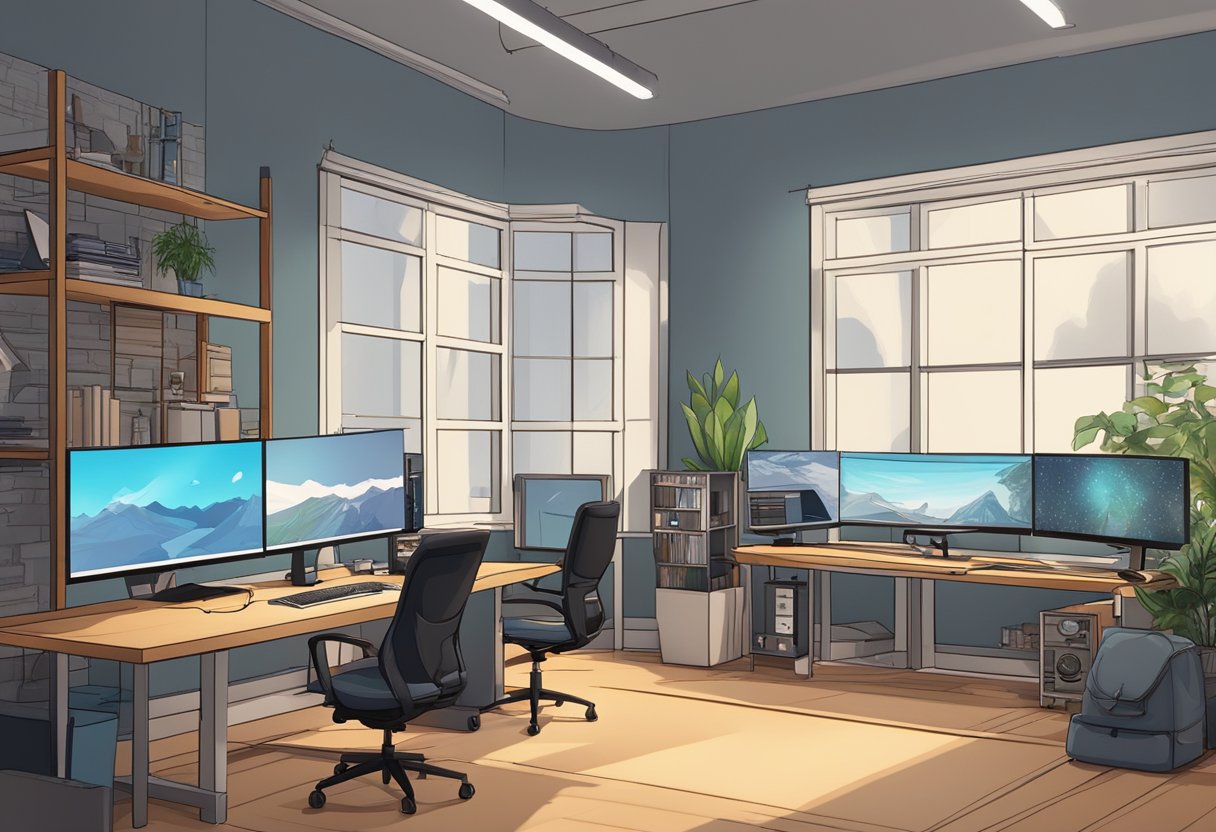 A modern digital animation studio in Dundee, filled with computer workstations, large monitors, and creative tools