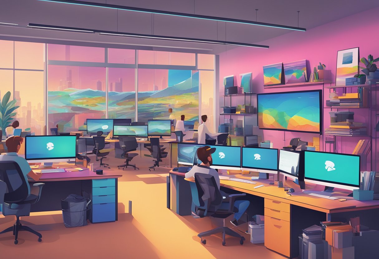 A bustling digital animation studio in Dundee, filled with computer workstations and large screens displaying colorful and dynamic animations