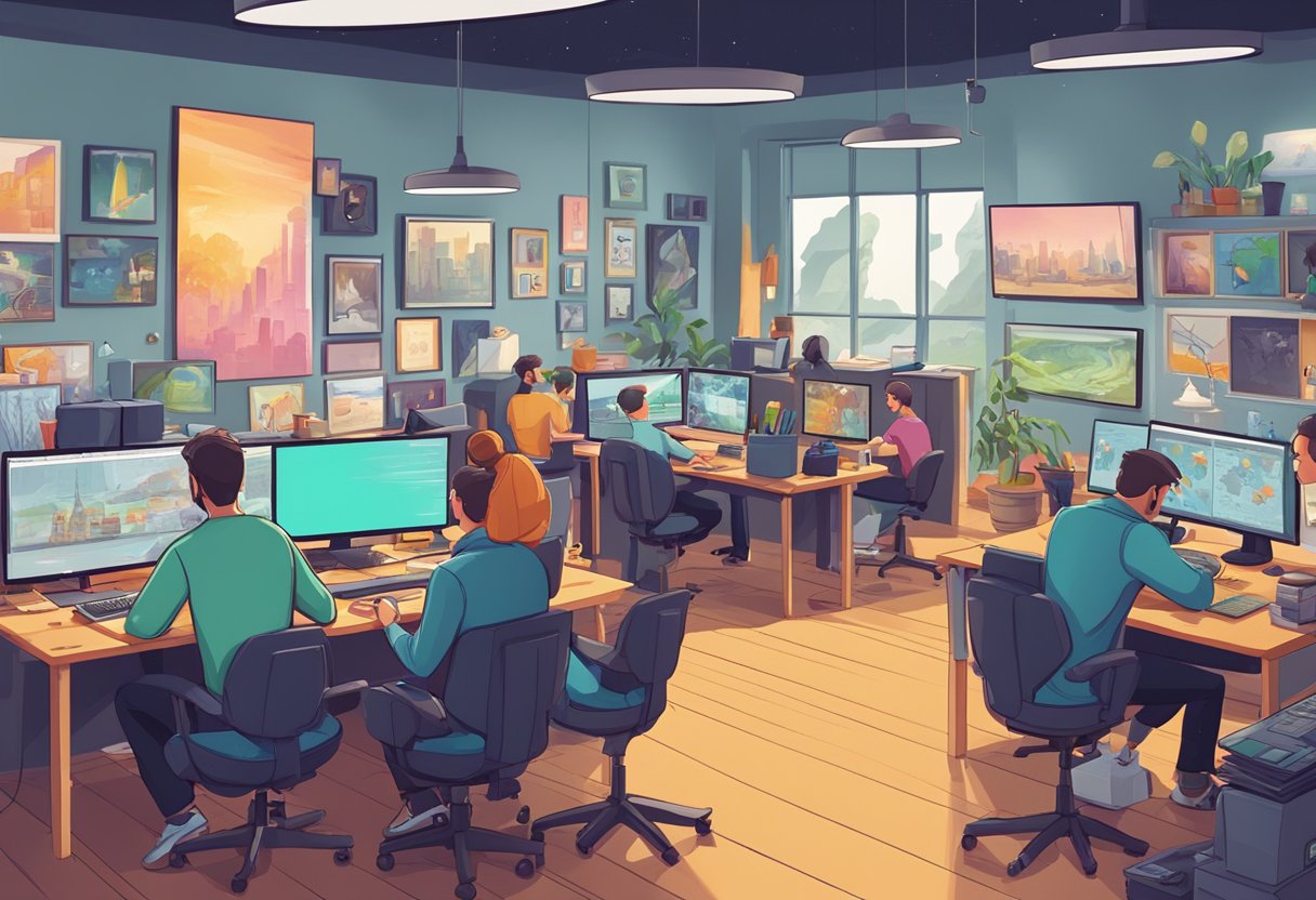 A bustling animation production studio in Edinburgh, with artists at work on storyboards and computer screens, surrounded by colorful character designs and concept art