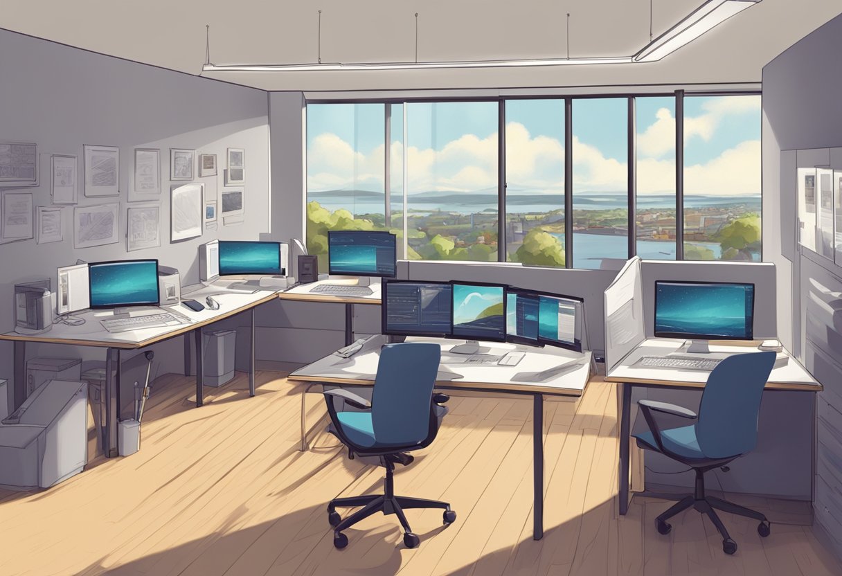 A modern, bustling animation studio in Dundee with professional training and education focus. Computer workstations and digital drawing tablets fill the space