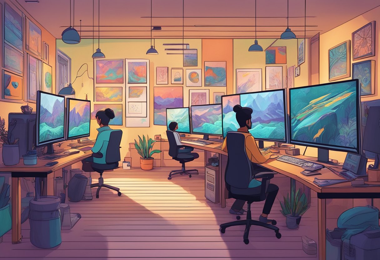 A bustling digital animation studio in Dundee, filled with creative energy and colorful artwork adorning the walls. Computer screens glow with intricate designs as animators work diligently on their projects