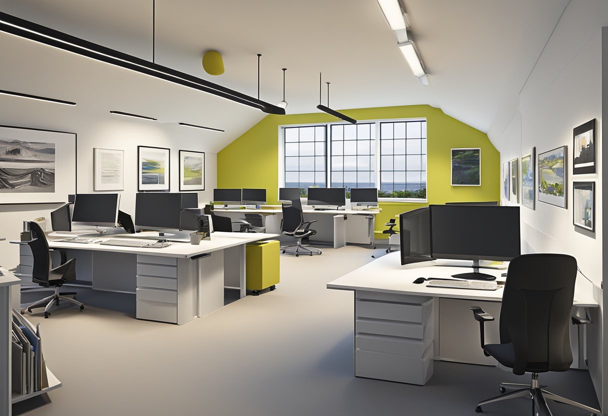 A modern digital animation studio in Dundee, Scotland, with architectural models and computer workstations