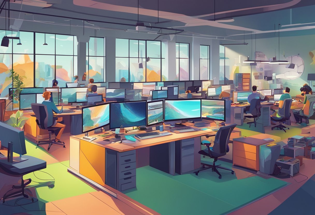 A bustling digital animation studio in Dundee, filled with creative workstations, colorful concept art, and busy animators collaborating on projects