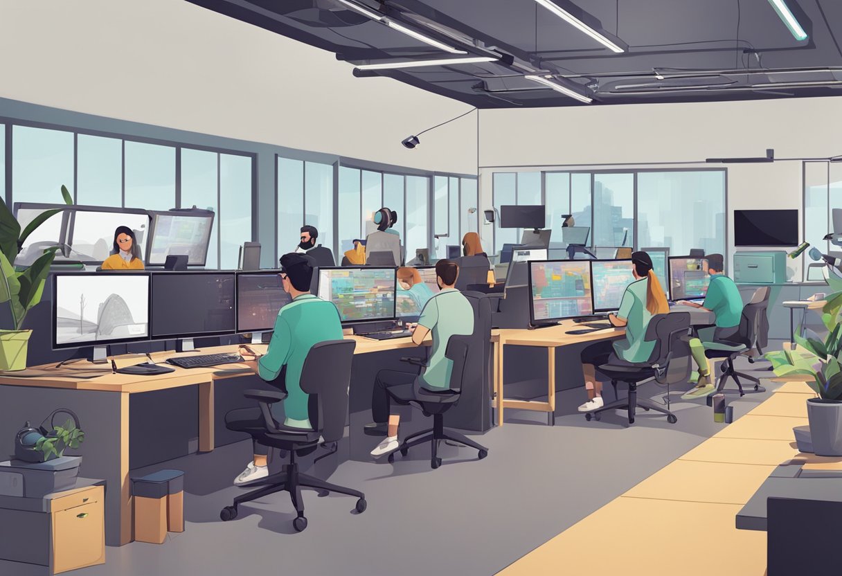 A bustling digital animation studio in Dundee, with artists working on futuristic and cutting-edge animation projects