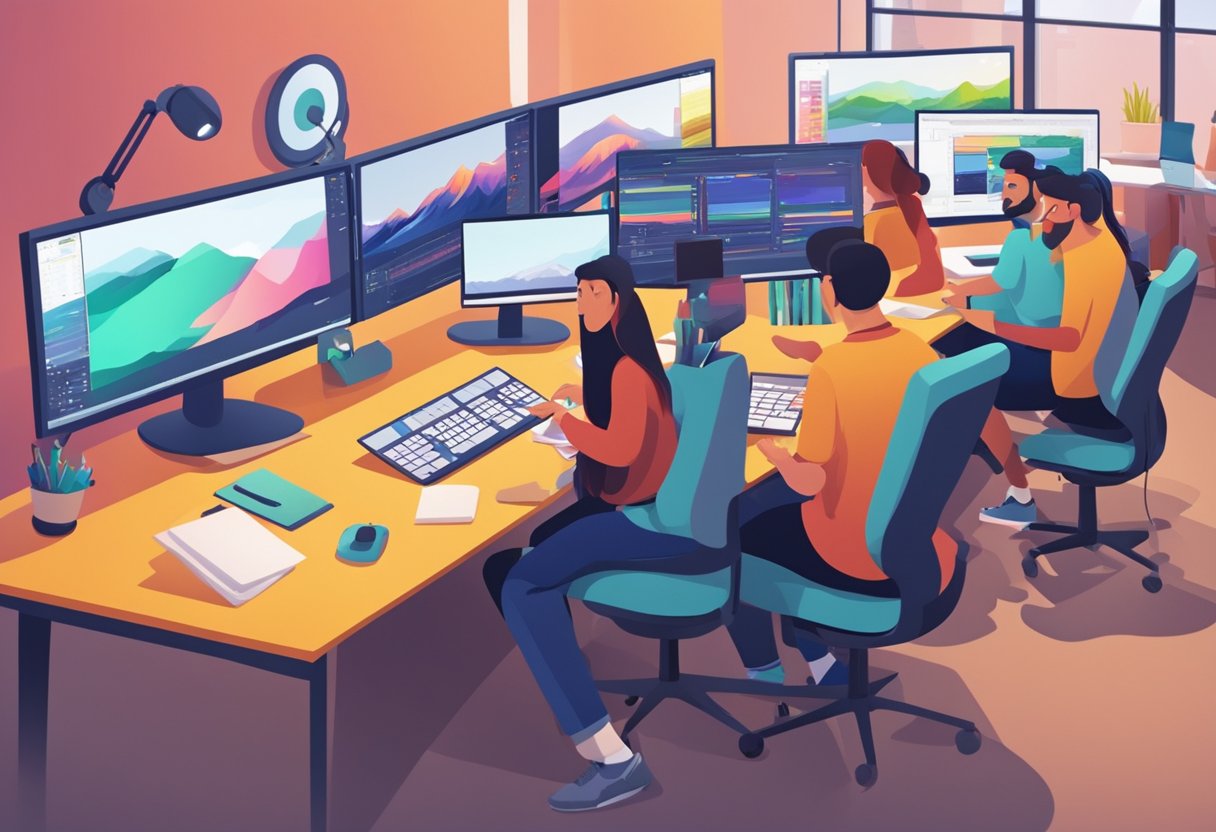 A modern digital animation studio in Dundee, bustling with activity and creativity, with animators working at their desks and computer screens displaying colorful and dynamic animations