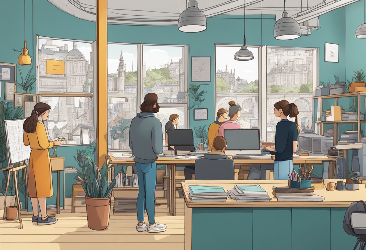 A bustling animation studio in Edinburgh, with artists working on various projects and a sign displaying "Frequently Asked Questions."