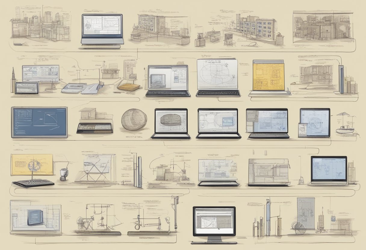 A timeline of animation tools and techniques, from early hand-drawn sketches to modern digital software, displayed in a Cardiff educational setting
