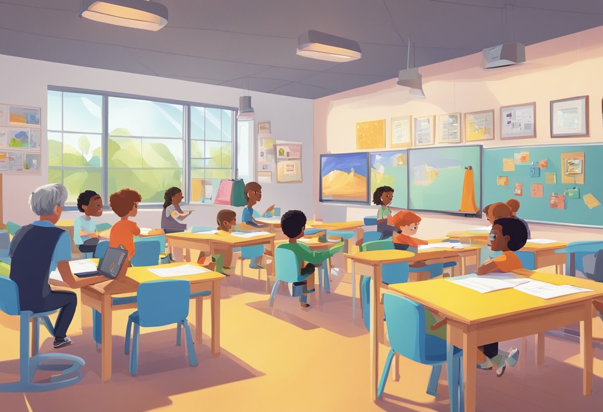 A colorful animated scene showcasing key animation principles and techniques being taught in a classroom setting in Cardiff